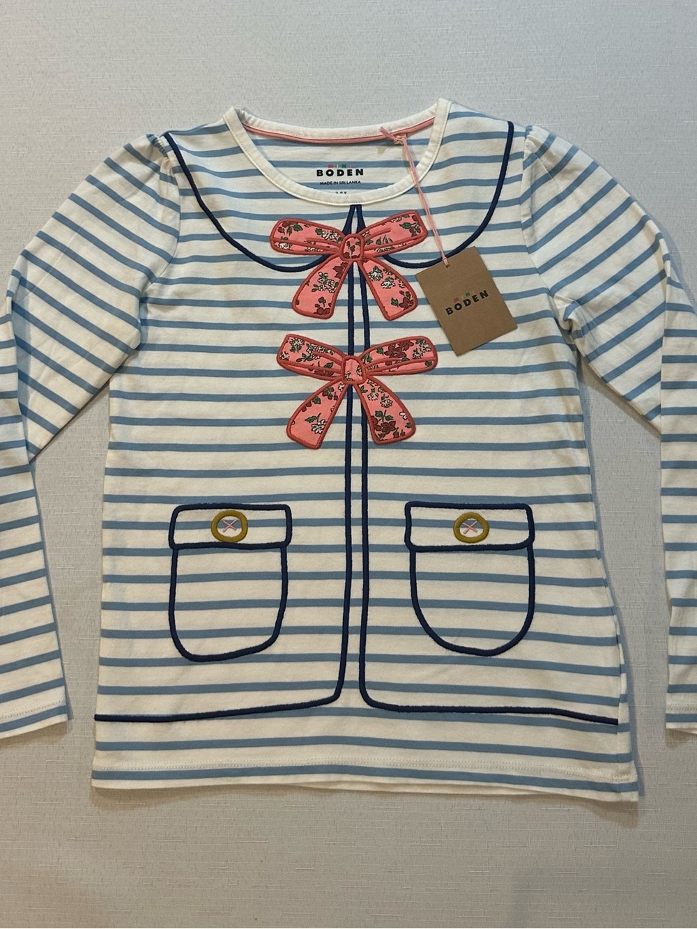 NWT Mini Boden Bow Appliqué Striped Top Girls 7-8Y